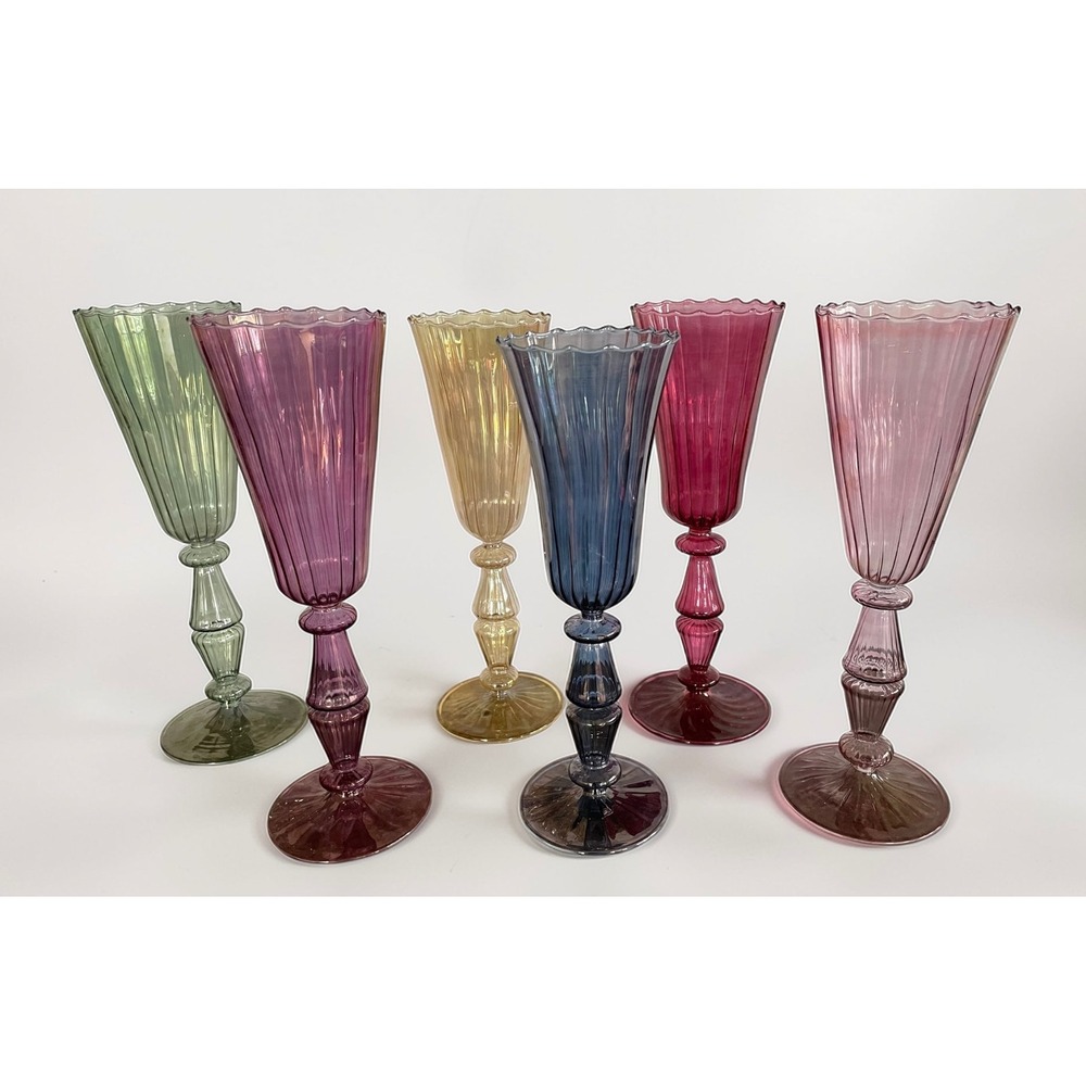 6 Handblown Venetian Murano Glass Iridescent Ribbed Champagne Flutes Multicolor - Picture 12 of 16